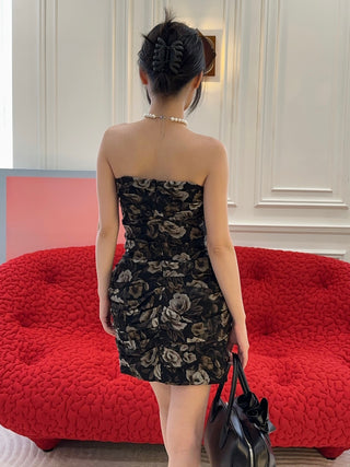 MAGDA BUTRYM - Strapless Ruched Silk Mini Dress in Black Print