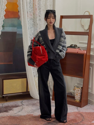 MAGDA BUTRYM - Double-Breasted Patterned Knit Cardigan With Shawl Collar in Grey