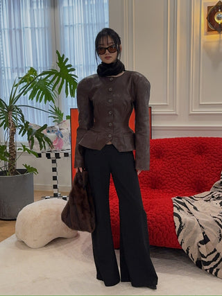 MAGDA BUTRYM - Fitted Leather Peplum Jacket in Brown