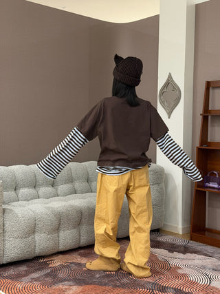 LOVERBOY - LONG SLEEVE 2-IN-1 TEE WITH KNIT PATCH in BROWN STRIPE