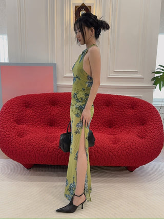 MAGDA BUTRYM - High-neck floral applique midi dress in green print