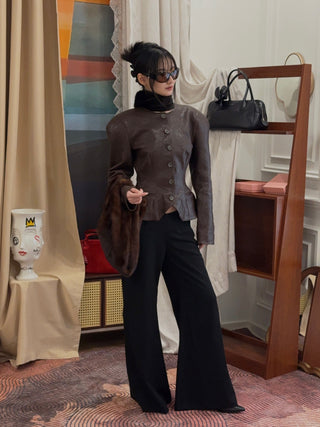 MAGDA BUTRYM - Fitted Leather Peplum Jacket in Brown