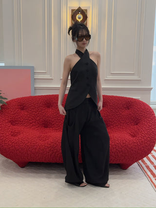 AARON ESH Neck Wrap Waistcoat in Black Halter Sleeveless Corseted