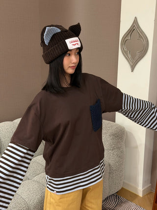 LOVERBOY - LONG SLEEVE 2-IN-1 TEE WITH KNIT PATCH in BROWN STRIPE