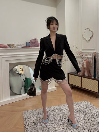AREA NYC Draped Crystal Scallop Mini Skirt