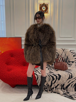 MAGDA BUTRYM - Belted Faux Fur Jacket in Brown