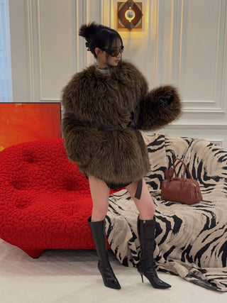 MAGDA BUTRYM - Belted Faux Fur Jacket in Brown