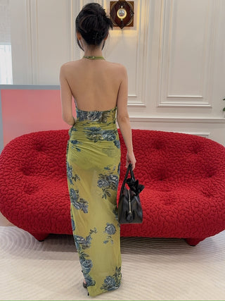 MAGDA BUTRYM - High-neck floral applique midi dress in green print