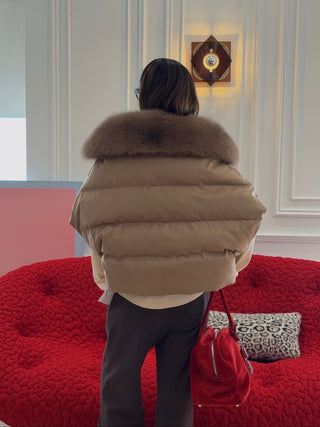 YVES SALOMON - Flannel Cape With Detachable Fox Fur Collar in Camel
