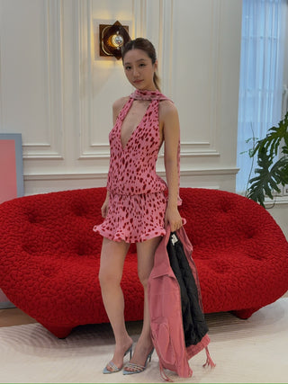 ROWEN ROSE - PLEATED MINI DRESS WITH PLUNGING NECK IN GEORGETTE