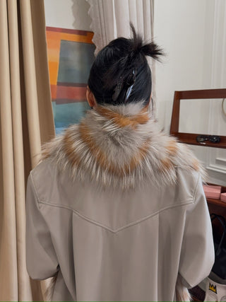 YVES SALOMON - Striped Fox Fur Scarf in Reddish Beige
