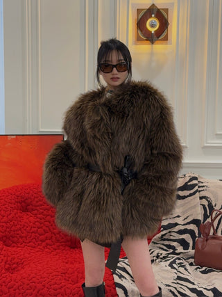 MAGDA BUTRYM - Belted Faux Fur Jacket in Brown