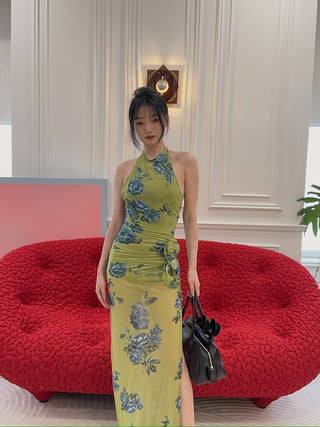 MAGDA BUTRYM - High-neck floral applique midi dress in green print