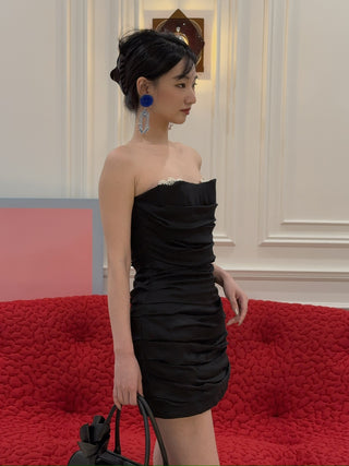 MAGDA BUTRYM - Strapless ruched silk mini dress in black