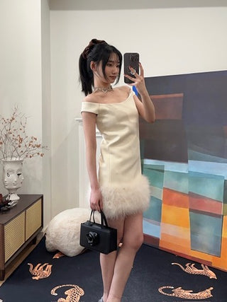 BLUMARINE DRESS SABLE W/FEATHE