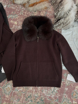 YVES SALOMON - Merino Knit and Fox Fur Jacket in Brown