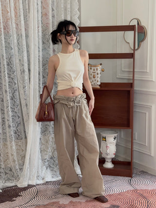 MAGDA BUTRYM - Low-Rise Ruffled Waist Trousers in Beige