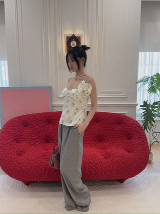 MAGDA BUTRYM - Flower appliqué silk tank in cream print