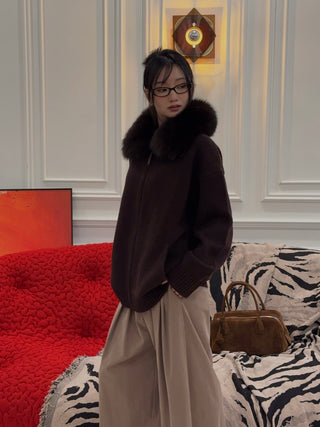 YVES SALOMON - Merino Knit and Fox Fur Jacket in Brown