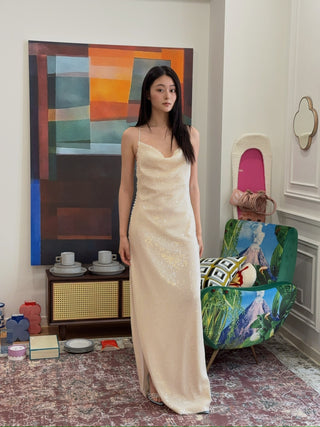 MAGDA BUTRYM Sequin spaghetti strap gown in cream