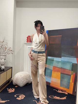 BLUMARINE SATIN PANTS WITH DENIM AND LACE INSERTS