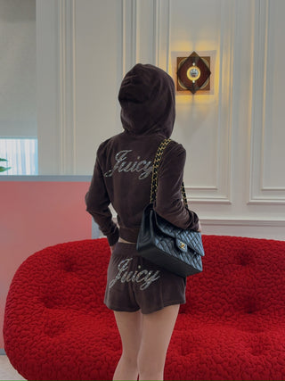 SPORTY & RICH X JUICY COUTURE - Juicy Script Velour Zip Hoodie in Chocolate