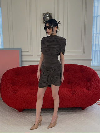 MAGDA BUTRYM - High-Neck Draped Mini Dress With Cape Detail in Brown