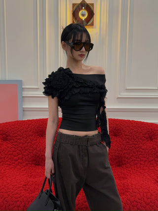 ROKH Flower Draped Off Shoulder top