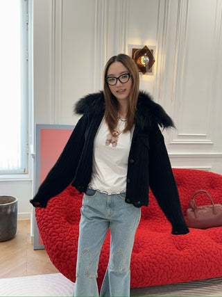BLUMARINE - KNIT+FUR CARDIGAN / BLACK