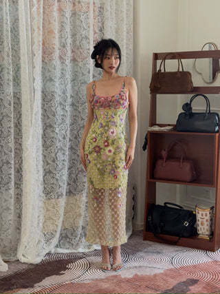 LA FUORI - Gilded Flora Midi Dress in Green