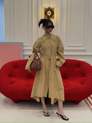 A.W.A.K.E MODE Trench Coat in Khaki Pleated Back Insert Asymmetric