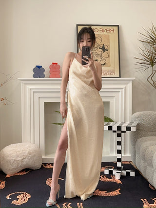 MAGDA BUTRYM Sequin spaghetti strap gown in cream