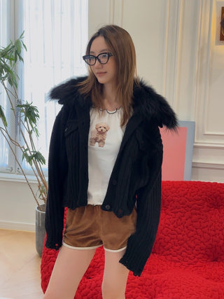 BLUMARINE - KNIT+FUR CARDIGAN / BLACK