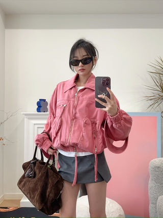 BLUMARINE DENIM BOMBER JACKET BUBBLEGUM