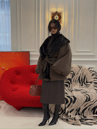 MAGDA BUTRYM - Belted Faux Fur Collar Jacket in Brown
