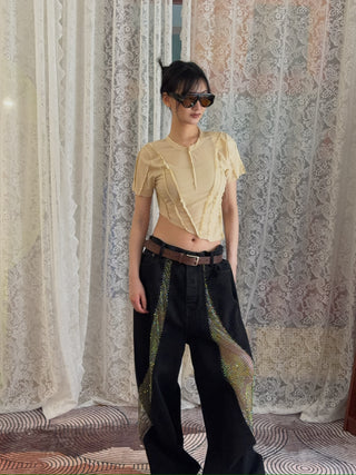 DARK PARK - Lady Ray around Crystal Panel Oversized Denim in Black