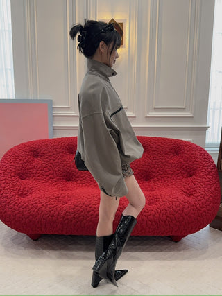 THE MANNEI - Snap-collar Bomber Jacket in Grey