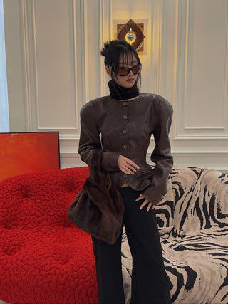 MAGDA BUTRYM - Fitted Leather Peplum Jacket in Brown