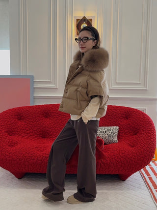 YVES SALOMON - Flannel Cape With Detachable Fox Fur Collar in Camel