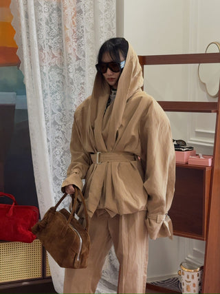 MAGDA BUTRYM - Draped Collar Viscose And Linen Jacket in Beige