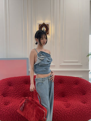 MAGDA BUTRYM - One-shoulder draped denim top in sky blue