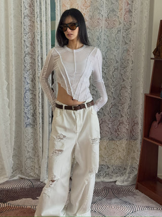 Sami Miro Vintage Asymmetric Long Sleeve Tee in White Rib