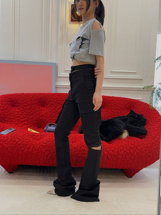 ANDREADAMO - FLARE PANTS WITH STRAPS / BLACK