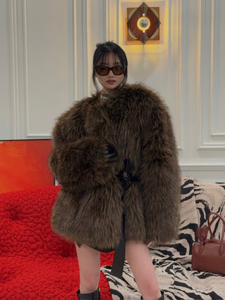 MAGDA BUTRYM - Belted Faux Fur Jacket in Brown
