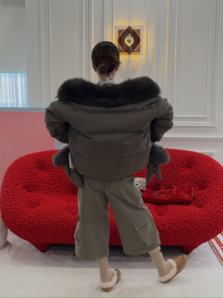 YVES SALOMON - Short down jacket with detachable fox fur collar and mittens
