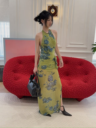 MAGDA BUTRYM - High-neck floral applique midi dress in green print