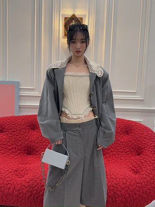 THE MANNEI - Crochet Collar Bomber Jacket in Grey