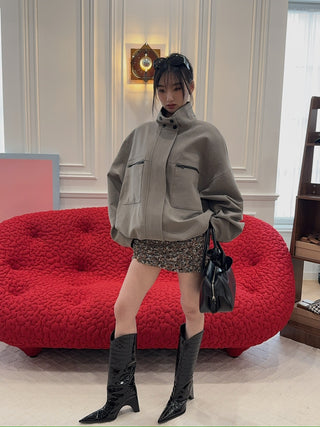 THE MANNEI - Snap-collar Bomber Jacket in Grey