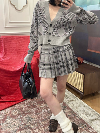GIUSEPPE - WOOL TARTAN KNITWEAR CROP CARDIGAN / GREY