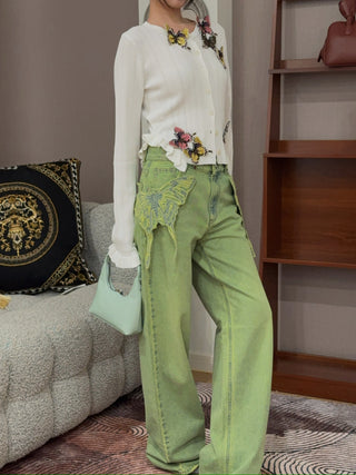BLUMARINE - Wide Leg Jeans with Butterfly Embroidery